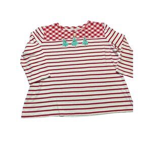 Kim Rogers Red White Striped Christmas Top Green Glitter Trees 3/4 Sleeves Sz M